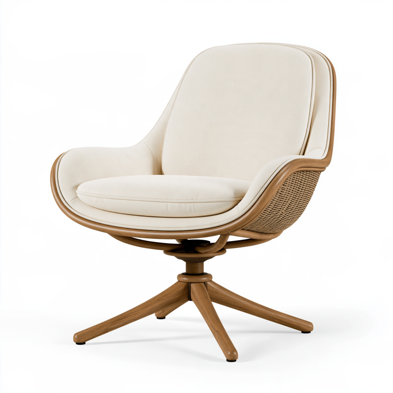 Fauteuil pivotant 82 x 86 x 98 cm en tissu écru bois et rotin style contemporain