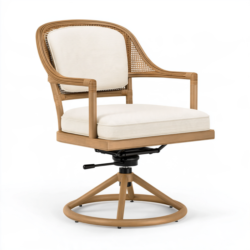 Fauteuil pivotant 76 x 74 x 86 cm en bois naturel et cannage beige avec assise rembourrée
