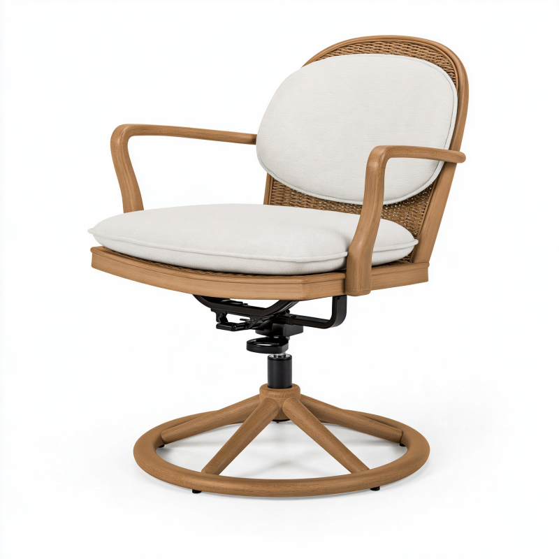Fauteuil de bureau 68 x 70 x 90 cm en bois naturel et rotin avec assise beige pivotante