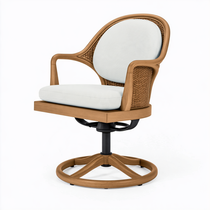 Fauteuil pivotant 75 x 75 x 95 cm en bois brun et rotin tressé avec assise blanche