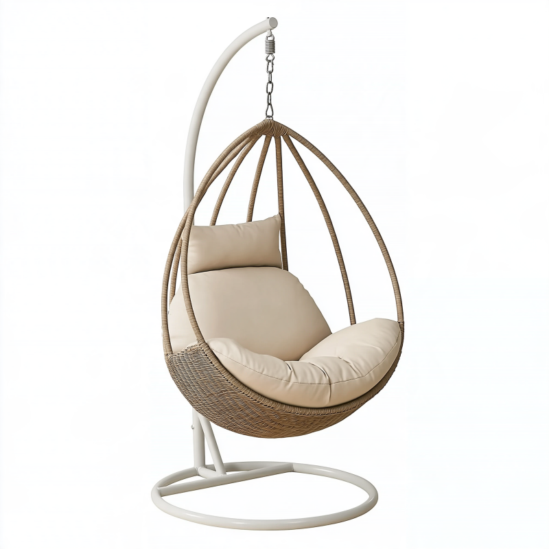 Fauteuil suspendu 105 x 105 x 195 cm en rotin beige avec support pour intérieur et extérieur