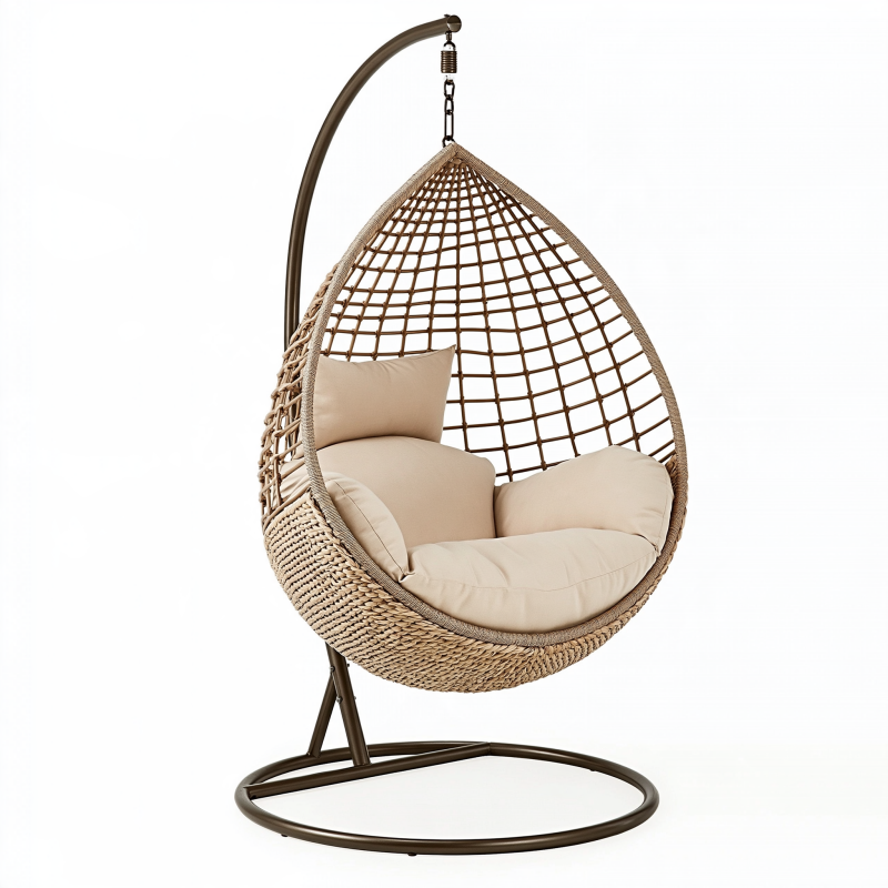 Fauteuil suspendu 105 x 105 x 195 cm en rotin beige avec support en acier style bohème