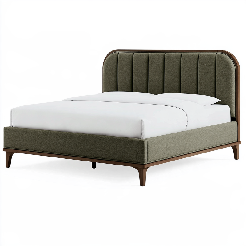 Lit double 160 x 200 cm en tissu vert olive et bois style contemporain