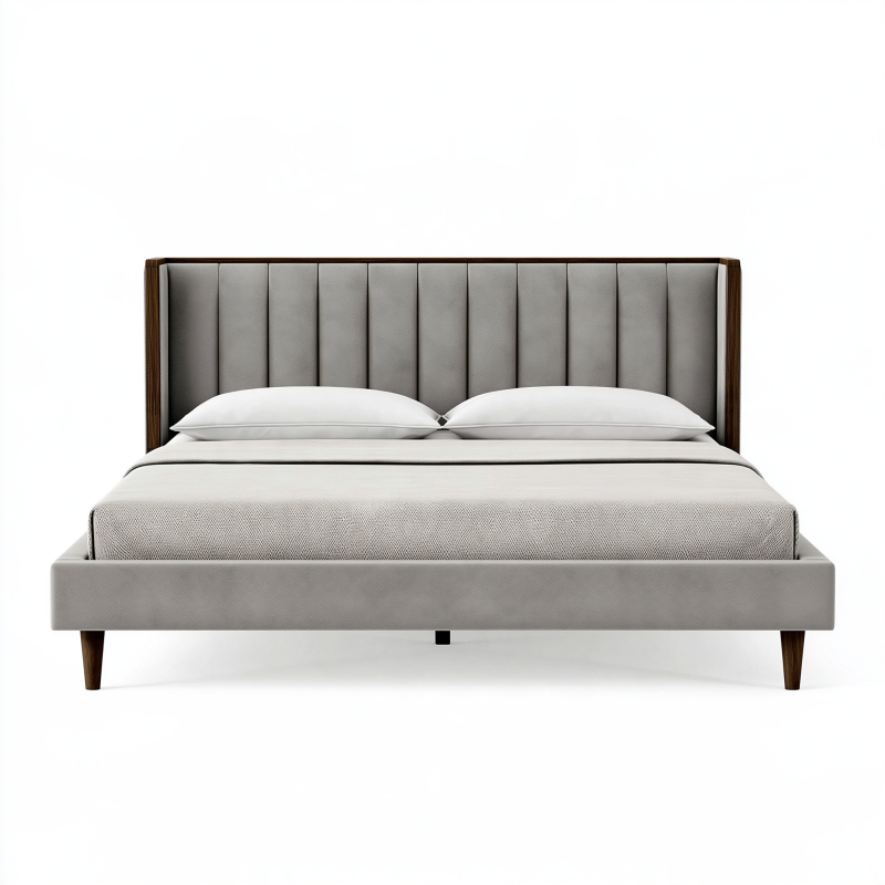 Lit 160 x 200 cm gris en tissu avec tête de lit capitonnée et pieds en bois