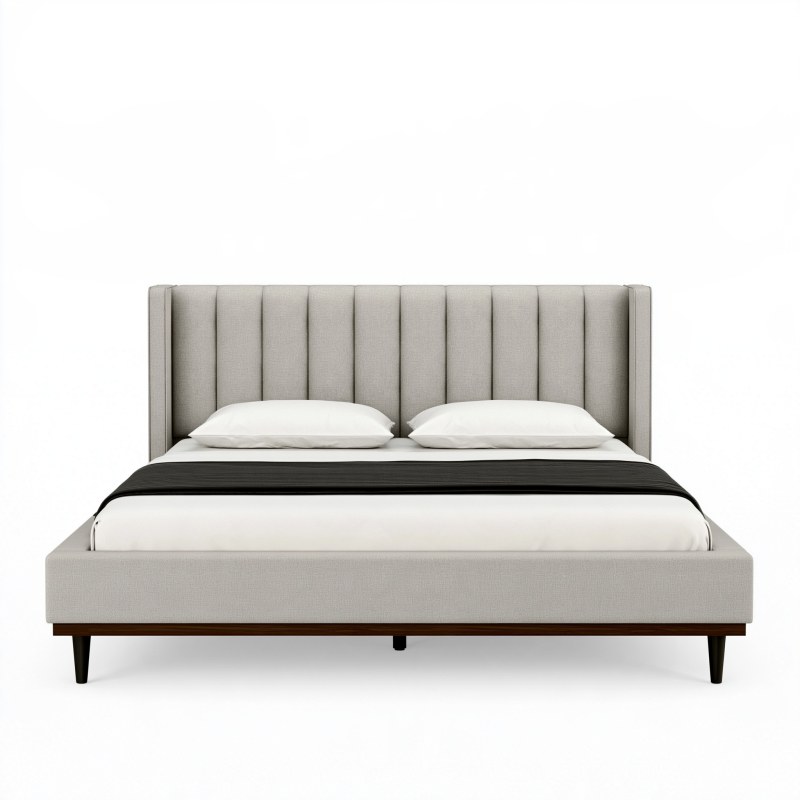 Lit double 160 x 200 cm en tissu gris avec tête de lit capitonnée style contemporain