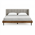 Lit 160 x 200 cm en bois marron avec tête de lit en tissu gris style moderne