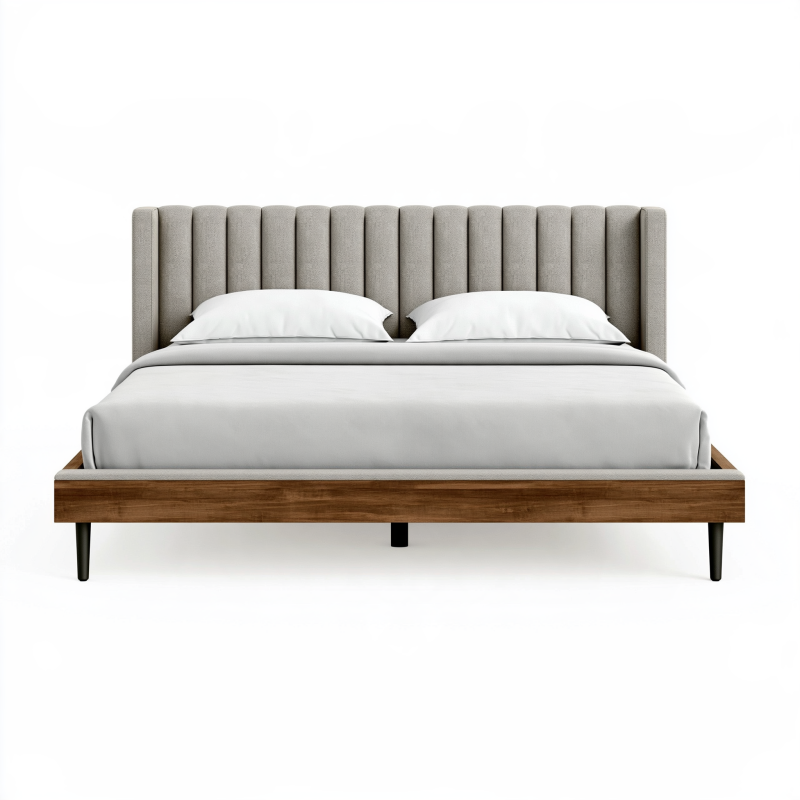 Lit 160 x 200 cm en bois marron avec tête de lit en tissu gris style moderne