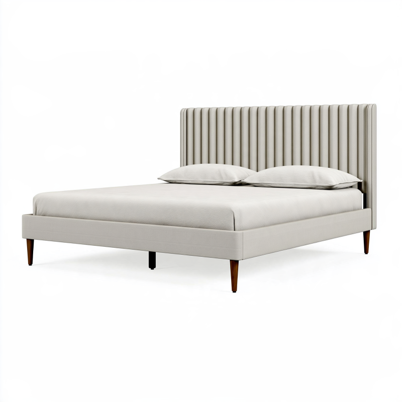 Lit double 160 x 200 cm en tissu beige avec tête de lit capitonnée style contemporain