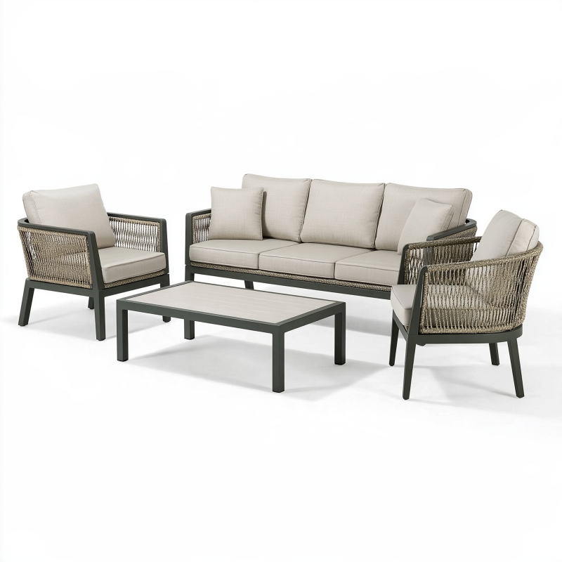 Salon de jardin 4 pièces 200 x 80 cm en métal tressé beige et noir pour terrasse