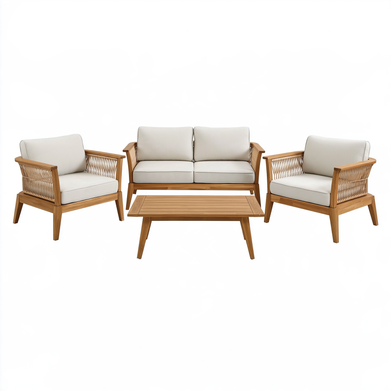 Salon de jardin 4 pièces 154 cm bois brun beige pour extérieur style naturel