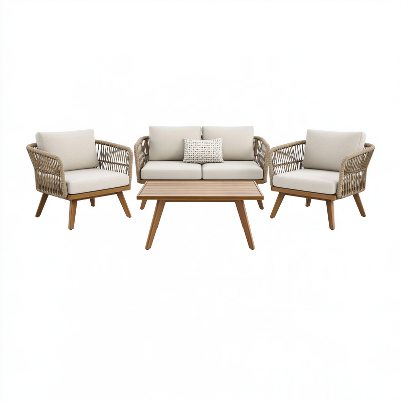 Salon de jardin 4 pièces 125 cm en bois et corde beige avec table basse