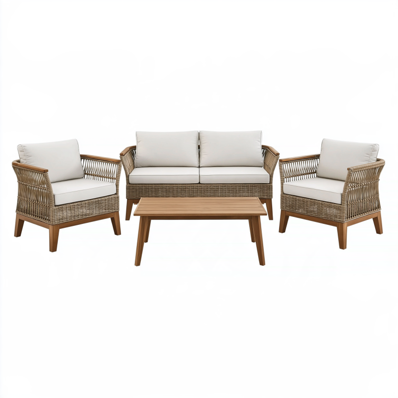 Salon de jardin 4 pièces en fibres tressées et bois beige marron pour extérieur style contemporain