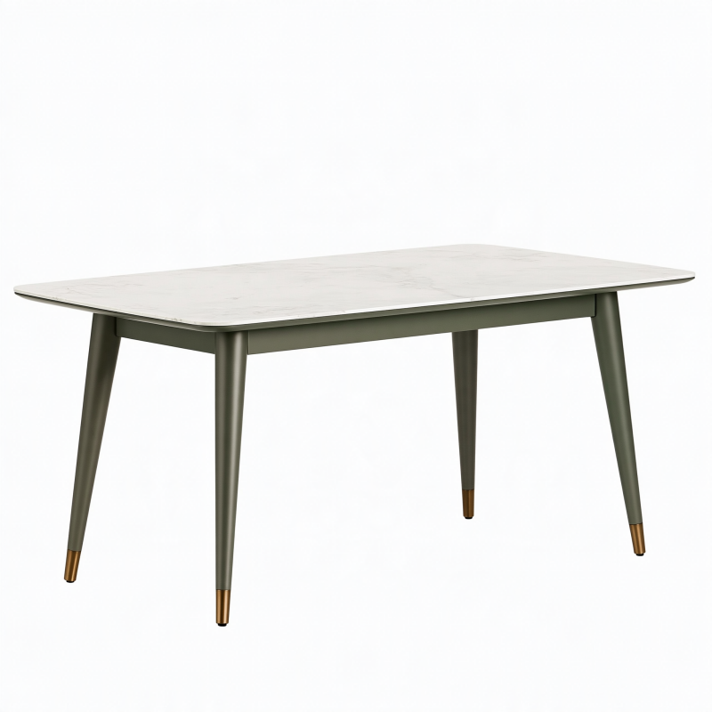 Table de salle à manger 160 x 90 cm plateau effet marbre blanc pieds métal vert style contemporain