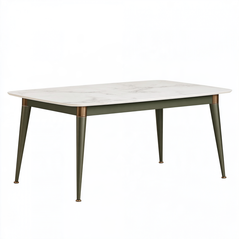 Table à manger 140 x 80 cm aspect marbre blanc et métal vert style contemporain