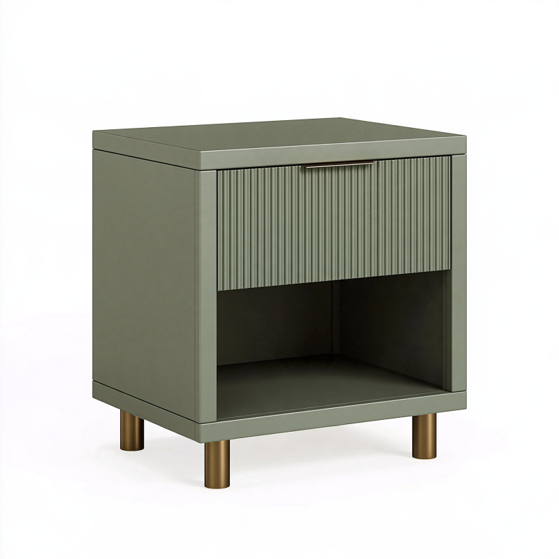 Table de chevet 50 x 40 x 55 cm en MDF vert kaki avec tiroir rainuré et niche ouverte