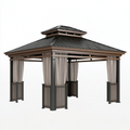 Pavillon de jardin 300 x 300 cm en métal noir et marron avec rideaux et toit ventilé