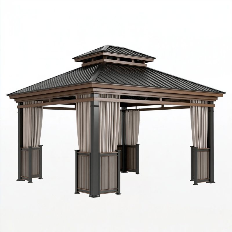Pavillon de jardin 300 x 300 cm en métal noir et marron avec rideaux et toit ventilé