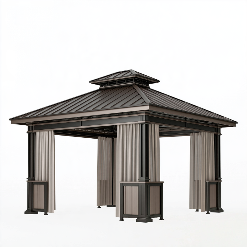 Tonnelle de jardin 400 x 400 cm acier noir avec rideaux beige toit ventilé