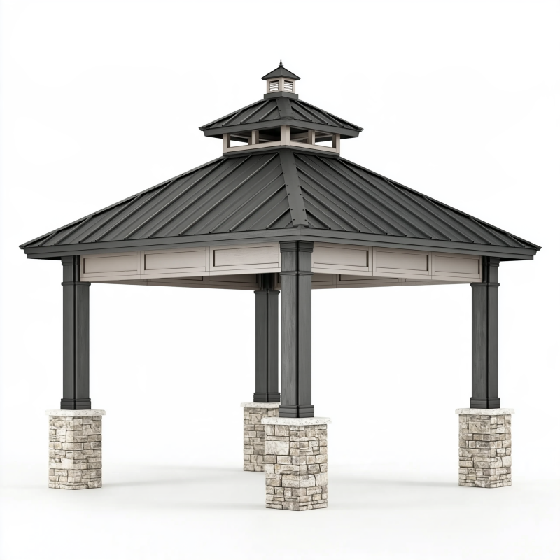 Pavillon de jardin 400 x 400 x 350 cm en métal et bois gris anthracite avec toit ventilé