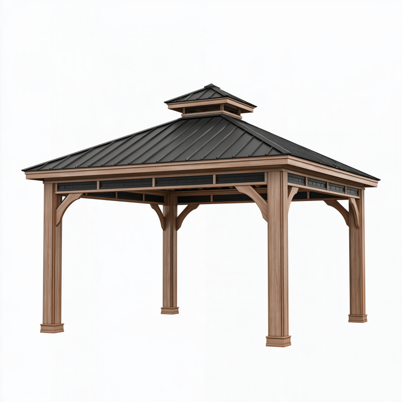 Tonnelle de jardin 300 x 300 cm en bois marron avec toit métallique noir